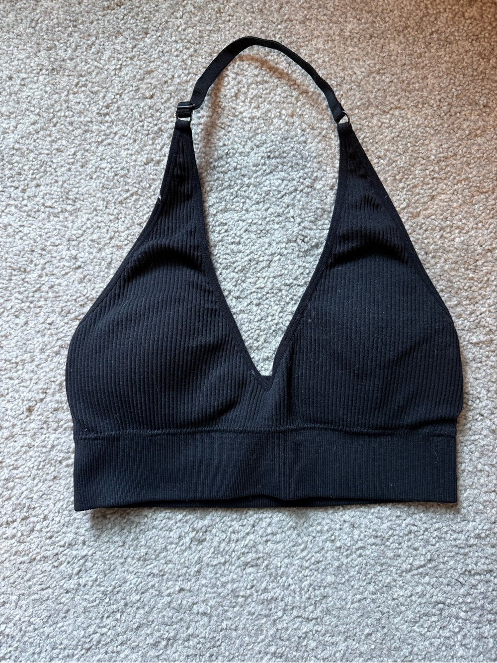 aerie Black Ribbed V-Neck Halter Bralette